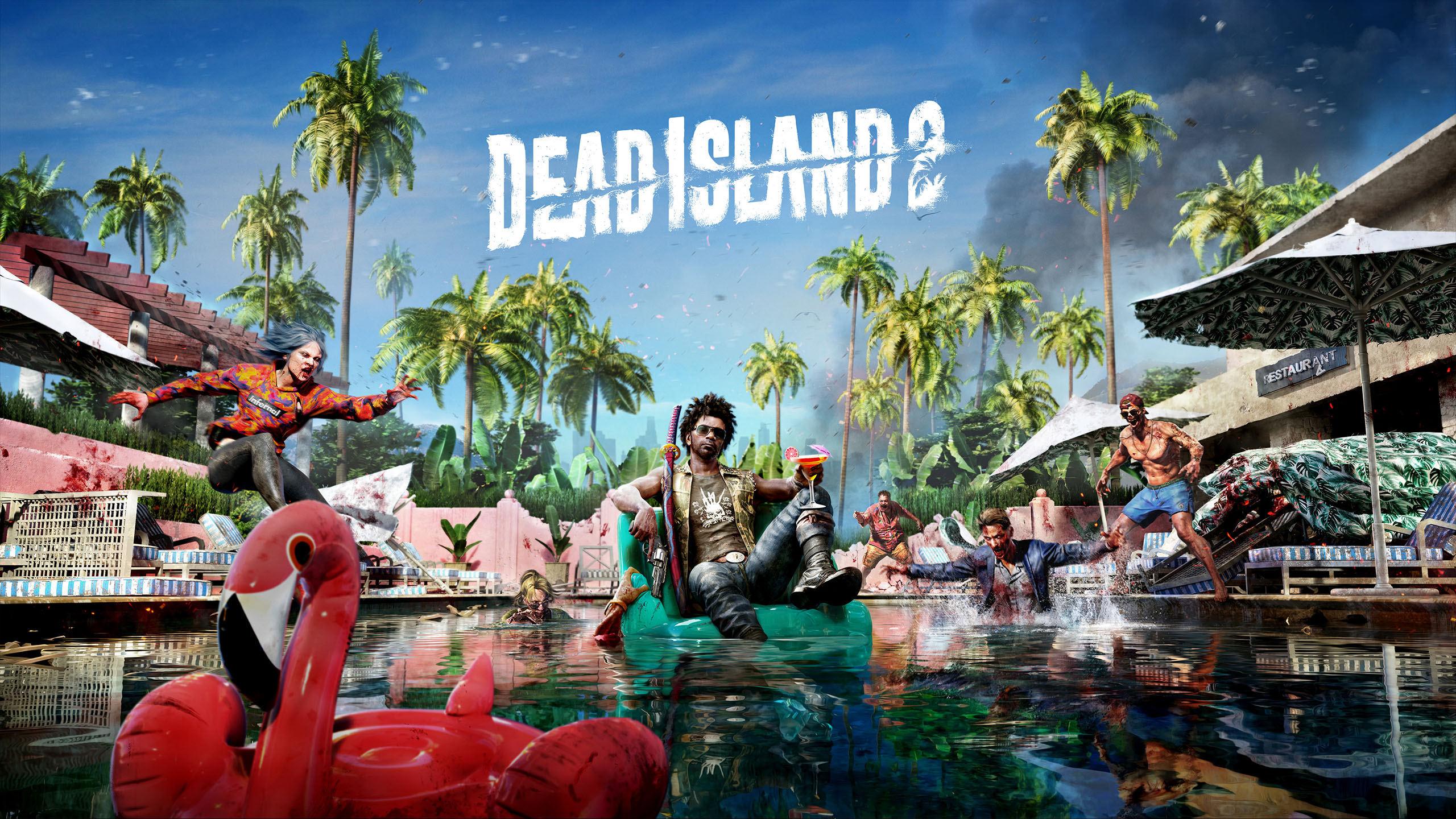 Dead Island 2のバナー画像。ゾンビアクションゲームの舞台である破壊されたロサンゼルスで、主人公が武器を持ちゾンビと戦う。