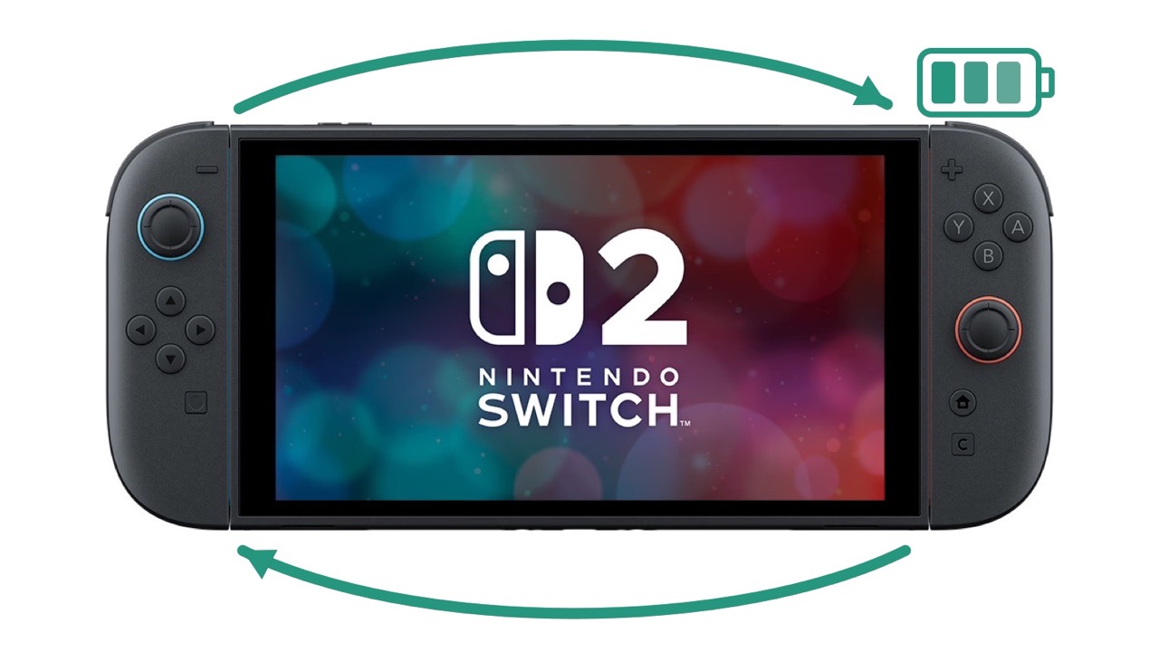 Nintendo Switch 2本体とバッテリー交換を示す円形矢印・電池アイコン